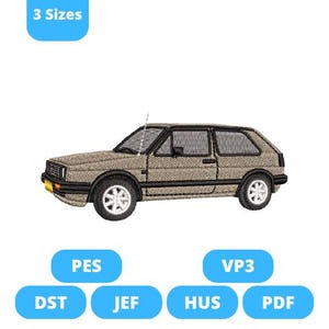 Op de afbeelding: Een beige auto borduurontwerp in drie maten: PES, DST, JEF, HUS, VP3 en PDF.