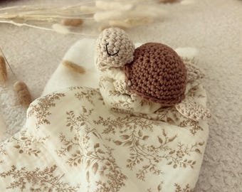 Brown Turtle Crochet Comforter with Pacifier Clip