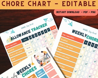 Chore Chart for Kids | Allowance Tracker | Daily Task List | Editable Family Chore chart | Responsibility chart for kids