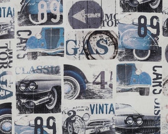 Canvas Stoff Baumwolle -Vintage Cars- Blau Dekostoff Digitaldruck ab 25cm