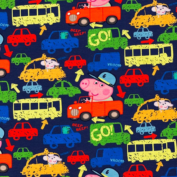 Peppa and George on the Road Jersey Fabric