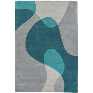 Modern Abstract Area Rug - Hand-Tufted Wool Carpet in Teal, Blue & Grey - Contemporary Living Room Decor - Soft Artistic Floor Mat