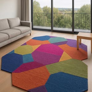 Colorful Geometric Hexagon Patchwork Rug, Modern Boho Living Room Carpet