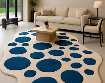 Hand Tufted Blue Polka Dot Rug, Irregular Amorphous Aesthetic Area Carpet, Funky Kobalt Blue Blob Mat, Modern Maximalist Room Floor Decor