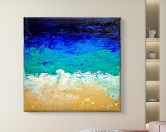 Ocean Beach Fluid Art Canvas | Coastal Wall Art |Abstract Seascape Painting | Handmade Wave Art | Tropical Sea Decor | Original Acrylic Pour
