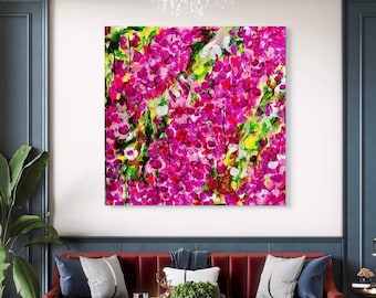 One stroke acrylic painting, Pink Floral Abstract Art,  Large Canvas Painting, Botanical painting, art for living room, gift idea