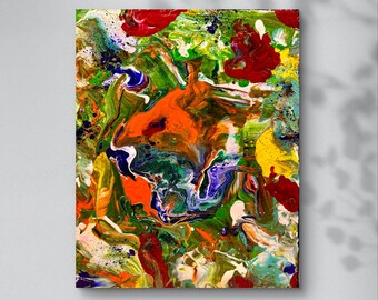 Earthy Abstract Acrylic Pour Painting | Colorful Modern Wall Art | Bold Green Orange Canvas | Nature-Inspired Home Decor