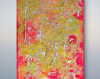 Original acrylic painting abstract splatter art vibrant fluorescent pink yellow wall art colorful modern home decor textured canvas painting