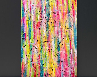 large abstract painting on canvas Colorful Abstract Drip Painting Neon Splatter Wall Art on Canvas, Modern Vibrant Home Decor