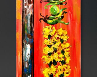 Traditional Indian oil Painting of Chillies Lemon marigold Garland Art Vibrant Wall Decor Evil Eye Protection Art Desi Door Hanging art