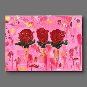 Three Red Roses Acrylic Painting on Canvas | textured Bold Floral Wall Art | Pink and Gold Original Art | Gift for Her | Romantic Home Decor