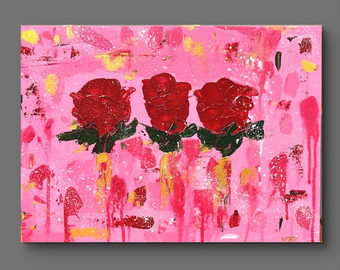 Featured listing image: Three Red Roses Acrylic Painting on Canvas | textured Bold Floral Wall Art | Pink and Gold Original Art | Gift for Her | Romantic Home Decor
