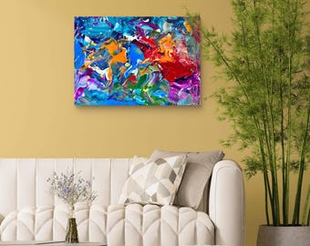Original Acrylic Pour Painting on Canvas Vibrant Color Splash Abstract Wall Art  Bold Modern Textured Fluid Art Decor gift idea