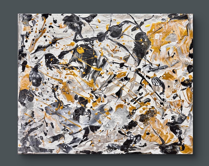 Featured listing image: Black White Gold Abstract Painting | Modern Luxury Wall Art | Textured Metallic Canvas | Elegant Contemporary Home Decor