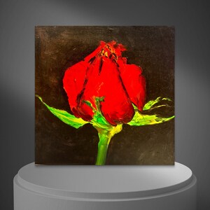 Original Red Rose Oil Painting on Wood Board - Art Deco Ready to Hang