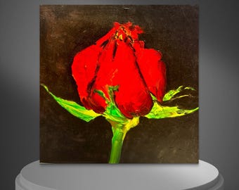 Original Red Rosebud Oil Painting – Bold Floral Wall Art on Canvas, Romantic Flower Decor for Home or Gift