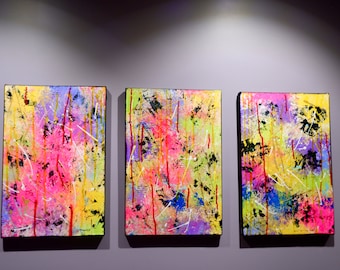 Neon Abstract Triptych Wall Art | Colorful Modern Drip Painting Set | Large Canvas Art for Living Room or Office Decor