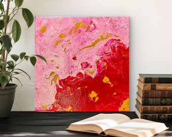 Radiant Pink Red Gold Fluid Pour Abstract Canvas Art | Modern Acrylic Pour Painting | Vibrant Bold Wall Decor | Original Handmade Artwork
