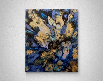 Gold and Blue Abstract Fluid Art | Original Acrylic Pour Painting |  wall Art for Living Room | Modern Home Decor