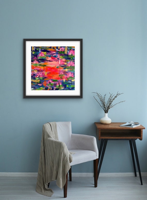 Original Canvas Painting, Large Wall Art 40x40cms, Vibrant Water Lilies,  Acrylic Textured With Palette Knife on Canvas Board, Unframed, 