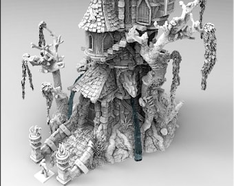 May include: A miniature stone tower with a thatched roof and a flaming torch on top, set on a tree trunk base with roots and vines. The tower has multiple levels and windows, and the base is surrounded by small stone pillars. The tower is painted in shades of gray and brown, and the flames are orange and yellow.