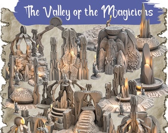May include: A collection of 3D printed miniature fantasy buildings and structures, featuring intricate details and a stone-like finish. The set includes towers, arches, and platforms, perfect for tabletop gaming or miniature dioramas.