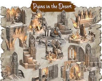 May include: A set of 16 detailed, gray, 3D printed miniature ruins for tabletop gaming. The ruins are designed to resemble a crumbling ancient city in the desert, with arches, columns, and walls. The set includes a variety of pieces, including a large archway, a crumbling tower, and a broken statue.