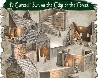 May include: A set of 10 miniature buildings for tabletop gaming, depicting a cursed town on the edge of a forest. The buildings are made of grey and brown plastic and feature details like windows, doors, and roofs. Some buildings are in a state of disrepair, with broken walls and missing sections.