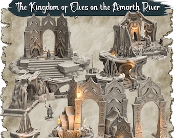 May include: A collection of intricately designed, light gray fantasy structures, including archways, bridges, and buildings, with figures holding torches. The text "The Kingdom of Elves on the Amarth River" is at the top. The structures appear to be part of a tabletop game.
