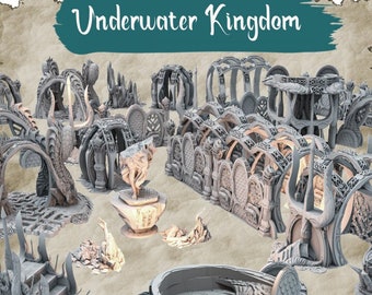 May include: A set of 3D printed miniature buildings and structures for tabletop gaming. The set features a variety of arches, towers, and other architectural elements, all in a gray color. The set is designed to create an underwater kingdom theme.