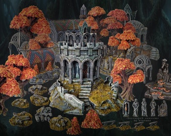 May include: A detailed miniature set depicting a ruined gothic cathedral with stone arches, towers, and trees with red and orange leaves. The set includes several figures, a fountain, and a variety of stone and foliage pieces. The text "Destroyed vestiges of statues" is visible at the bottom of the image.