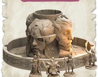 May include: A 3D printed dice shaker with a Celtic design. The shaker features four faces, each with a different design. The shaker is surrounded by four miniature figures, including a dwarf, a woman with long hair, and two women with swords.