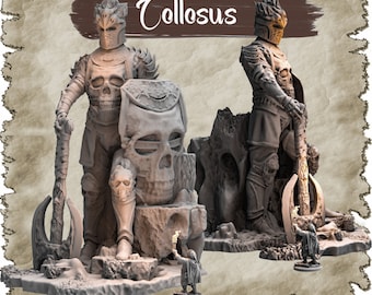 May include: Two gray, skeletal, warrior figures stand on a rocky base. The figure on the left holds a large axe and is standing next to a skull. The figure on the right holds a smaller axe and is standing next to a skull. The figures are both wearing armor and helmets. The word "Colossus" is written in white letters on a brown background.