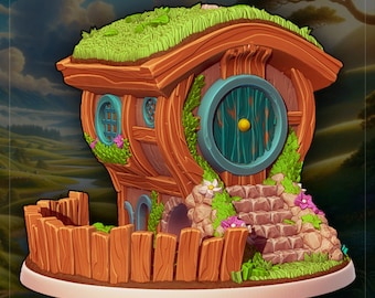 May include: A whimsical, wooden, green-roofed house with a round, blue door and a stone staircase. The house is surrounded by a wooden fence and lush greenery.
