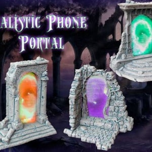 May include: Three stone archways with glowing portals. The portals are different colors: green, orange, and purple. The archways are made of gray stone and have a weathered look.
