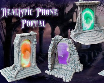 May include: Three stone archways with glowing portals. The portals are different colors: green, orange, and purple. The archways are made of gray stone and have a weathered look.