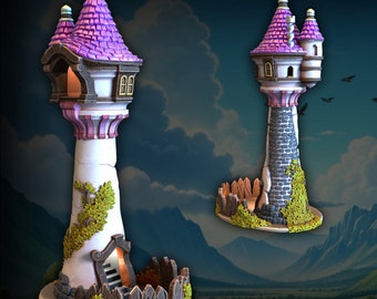 May include: A whimsical purple and white tower with a broken stone wall and a wooden fence. The tower has a pointed roof and a small window. The tower is surrounded by green vines and a small garden.