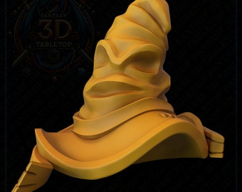 May include: A yellow, fabric, wizard hat with a pointed top and a face sculpted on the front. The hat is designed to be used as a tabletop game piece.