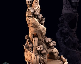May include: A 3D printed miniature of a stone cliff with a waterfall and a small tower on top. The cliff is decorated with trees and a cave opening. The miniature is painted in brown and beige tones.