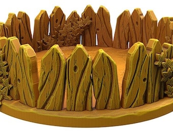 May include: A circular wooden fence with a brown and yellow color scheme. The fence is made of small wooden planks and has a rustic appearance. The fence is surrounded by a ring of green leaves.