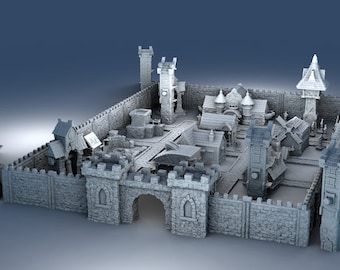 May include: A 3D printed model of a medieval village with stone walls, towers, and buildings. The village is surrounded by a wall with a gate. The model is painted in a light gray color.