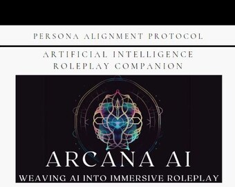 May include: A logo for Arcana AI, an artificial intelligence roleplay companion. The logo features a colorful, geometric design with the text "Arcana AI" and the tagline "Weaving AI into Immersive Roleplay".