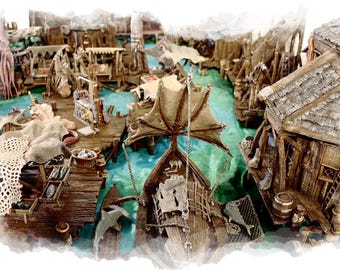 May include: A detailed miniature diorama of a seaside town with wooden structures, boats, and a waterway. The scene includes docks, buildings, and a boat with a unique sail design. The water is a vibrant turquoise color.