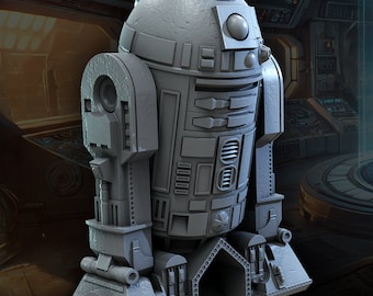 May include: A gray, detailed model of a robot with a round head and a rectangular body. The robot has a series of panels and buttons on its body.