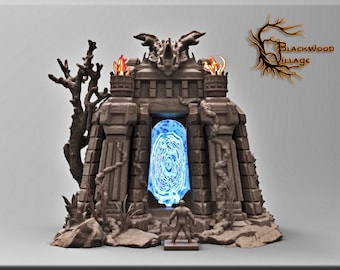 May include: A detailed model of a stone structure with a glowing blue portal. The structure has a dragon-like design at the top, with flames on either side. A small figure stands before the portal. The Blackwood Village logo is visible.
