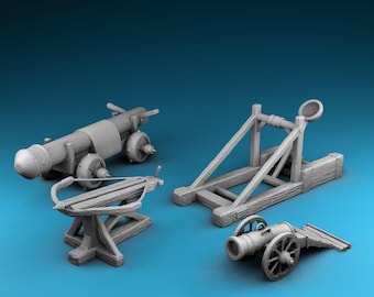 May include: A collection of miniature gray siege weapons, including a cannon, a trebuchet, a crossbow, and a small cannon with wheels. The models are made of a light gray material and are set against a blue background.