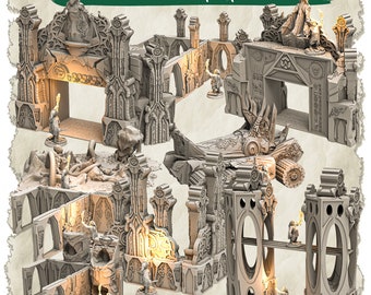 May include: A set of gray, detailed, plastic miniature ruins for tabletop gaming. The ruins are designed to resemble an abandoned space elf base, with arches, pillars, and intricate carvings. The set includes a variety of pieces that can be arranged to create a unique and challenging battlefield.