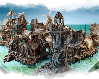 May include: A miniature wooden village with a stone lighthouse, a windmill, and several buildings on stilts over a blue body of water. The village is made of wood and stone and has a rustic, weathered look.