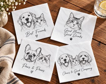 Personalized Pet Cocktail Napkins, Custom Dog & Cat Portrait Napkins, Wedding Bar Decor, Pet Photo Party Napkins, Bridal Shower Favors
