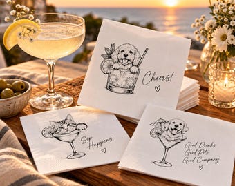 Custom Pet Cocktail Napkins, Personalized Dog & Cat Photo Napkins, Wedding Bar Napkins, Pet Portrait Party Favors